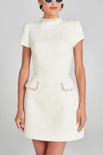Pearl Trim Mock Neck Tweed Pocket Mini Dress