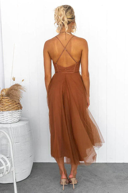 Sweetheart Neck Spaghetti Strap Corset Lace Up Tulle Skirt Midi Dress
