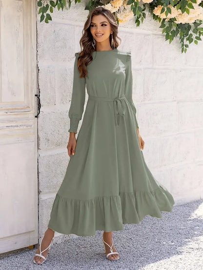 Crew Neck Smocked Cuff Tie-Waist Ruffle Hem Maxi Dress