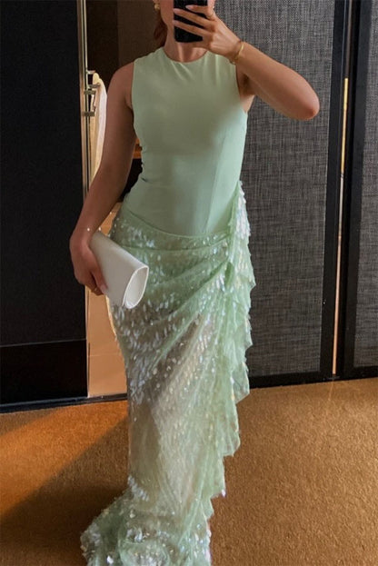 Unspoken Glamour Crepe and Fish Scale Sequins Ruffle Ruched Drape Maxi Dress