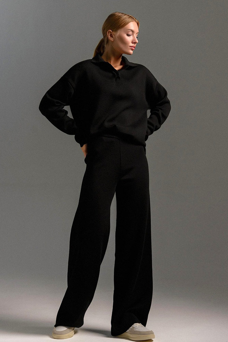 | Polo Collar Knit Pullover and Wide-Leg Pants Set