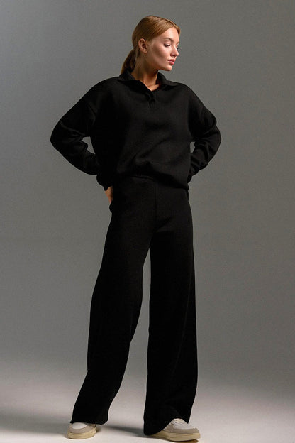 | Polo Collar Knit Pullover and Wide-Leg Pants Set
