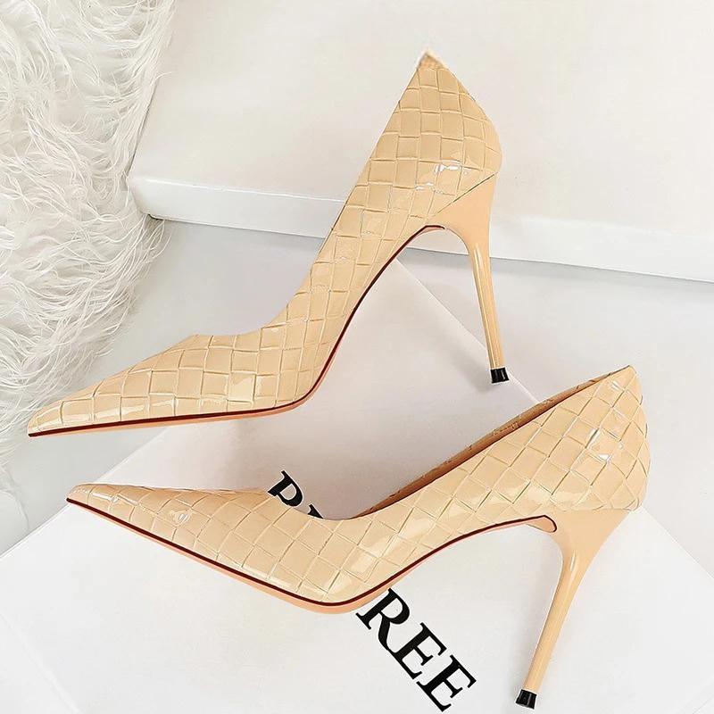 Woven Pattern Patent Leather Woman Pumps High Heels