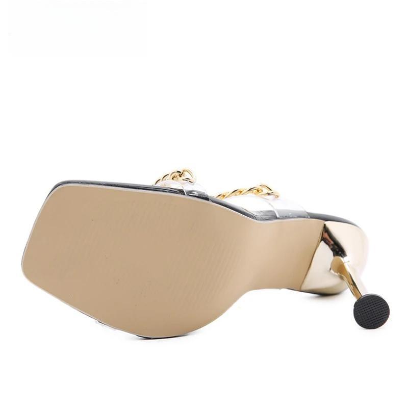 Clear PVC High Heel Slippers with Chain Design Square Toe Summer Fashion Slide