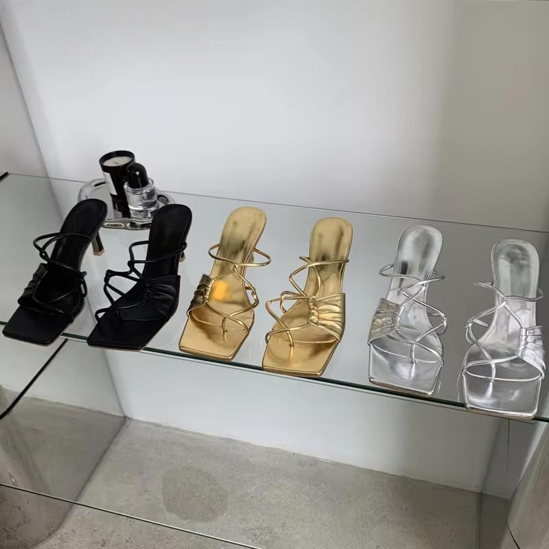 Gold Narrow Band Women Slipper with Square Pinch Toe and Low Heel