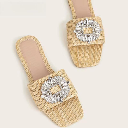 Sparkling Rhinestone Women's Slippers with Flat Bottom and Crystal Sandals