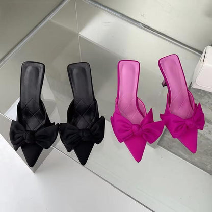 Autumn Big Butterfly-knot Women Slippers Sandals Pointed Toe Mules Stripper High Heel