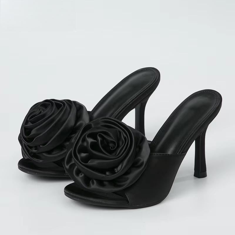 Silk Flower Peep Toe High Heel Slipper Mule Slides for Women