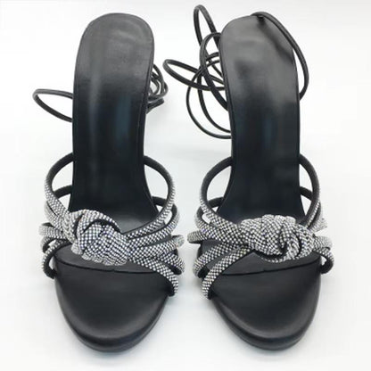 Crystal Peep Toe Ankle Strap Sandals with Thin Heels for Women's Party or Stripping