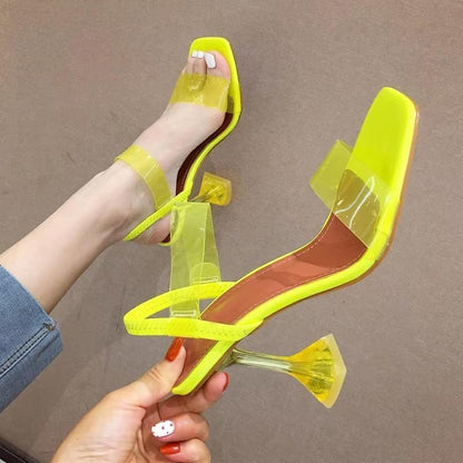 White Yellow PVC Jelly Sandals with Crystal Open Toe and Perspex Spike Transparent Heel