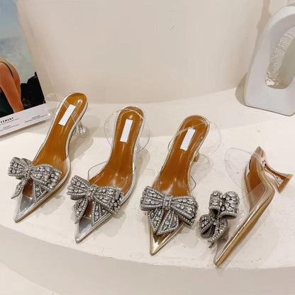 Crystal Sequined Bowknot Silver Women Pumps with Low and High Heels for Spring and Autumn