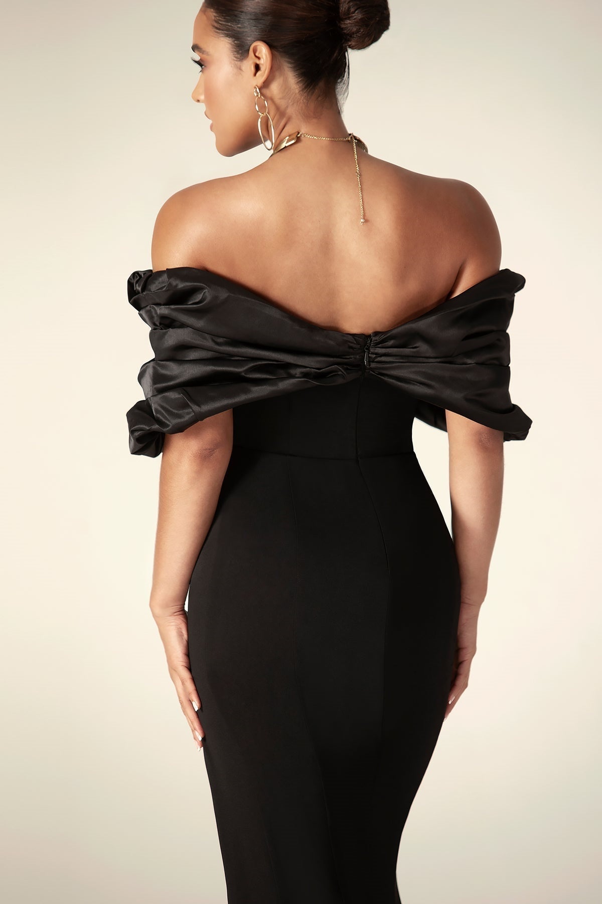 Off Shoulder Satin Ruffle Tiered Bodice High Slit Column Maxi Dress