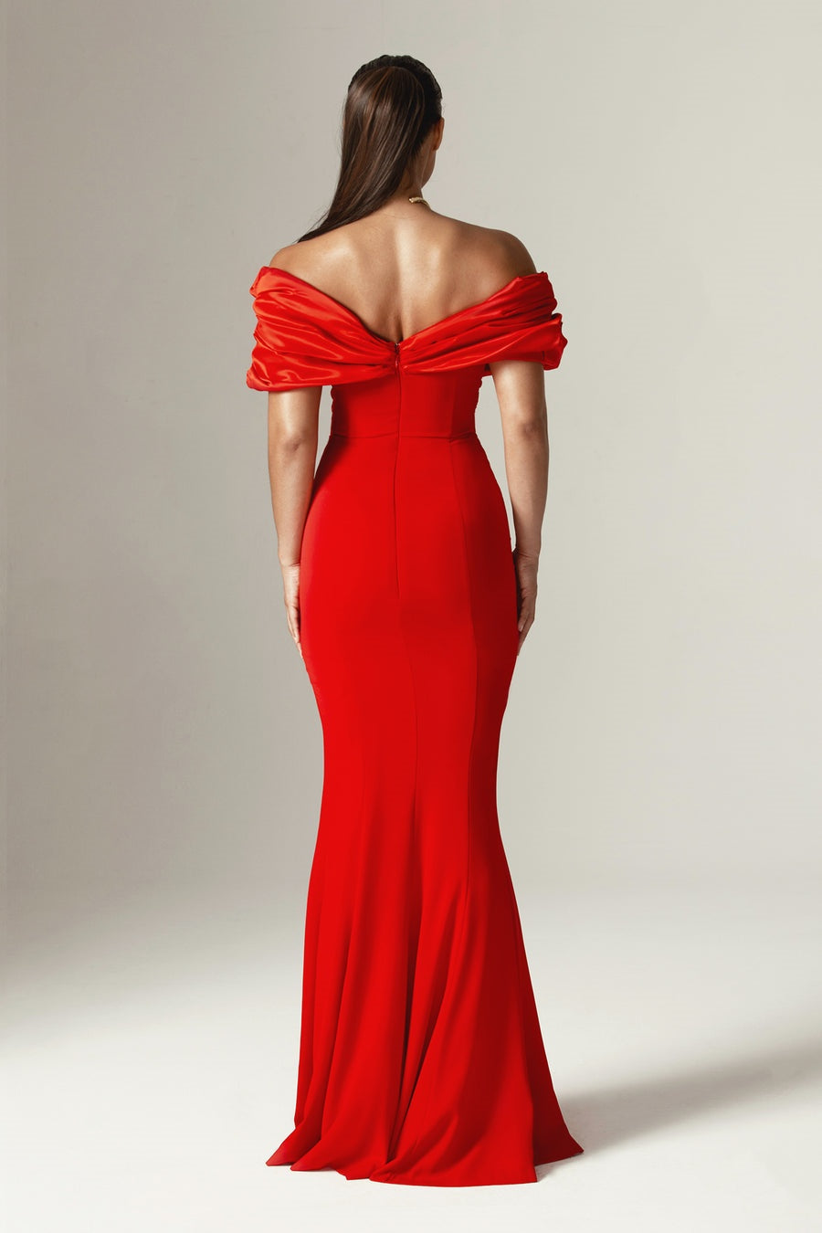 Off Shoulder Satin Ruffle Tiered Bodice High Slit Column Maxi Dress