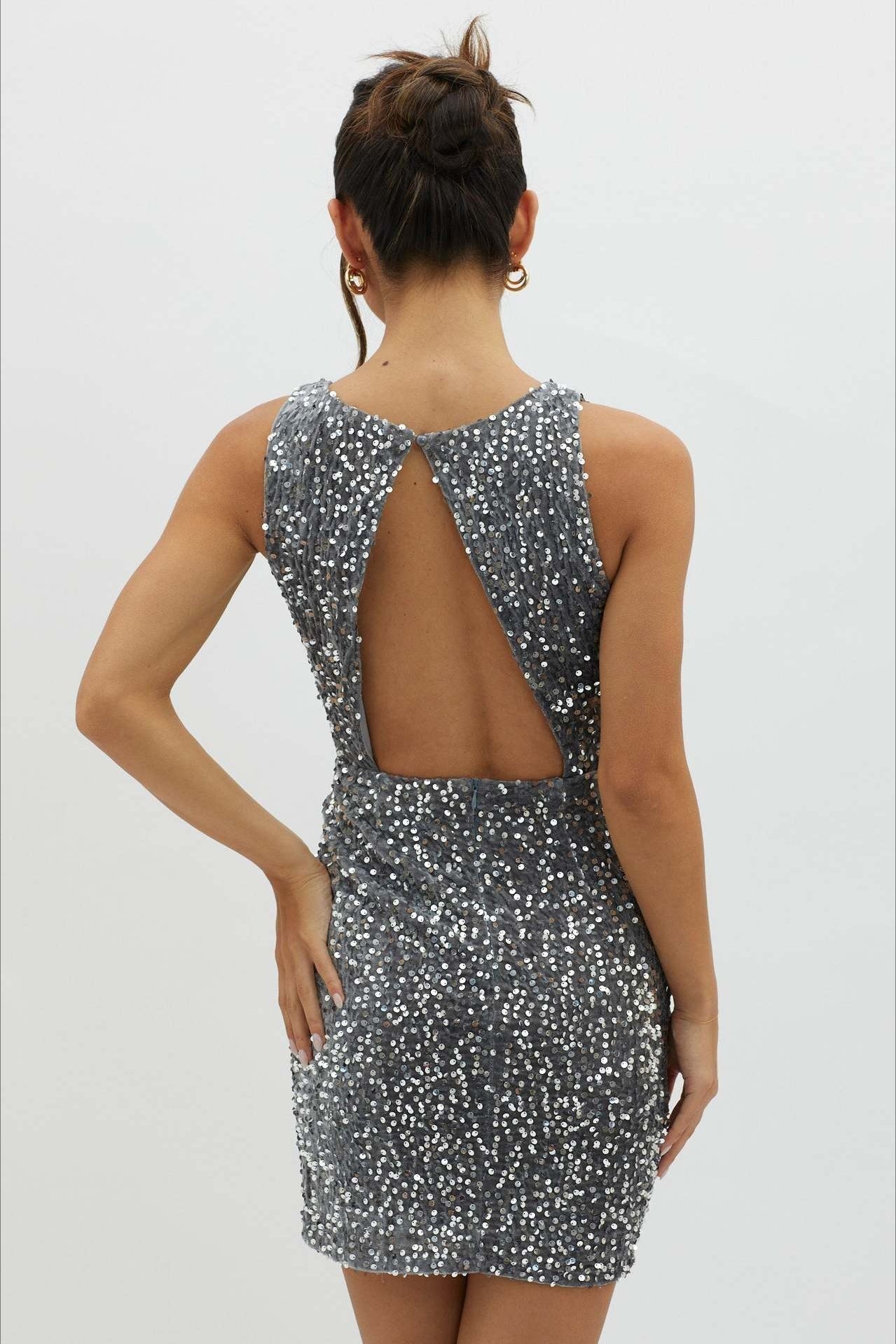 Boat Neck Sleeveless Sequin Side Slit Bodycon Mini Dress