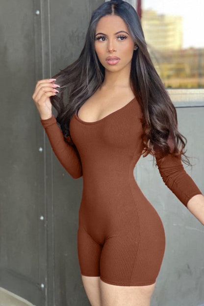 Solid Ribbed U Neck Long Sleeve Slim Athletic Booty Lifting Jumpsuit