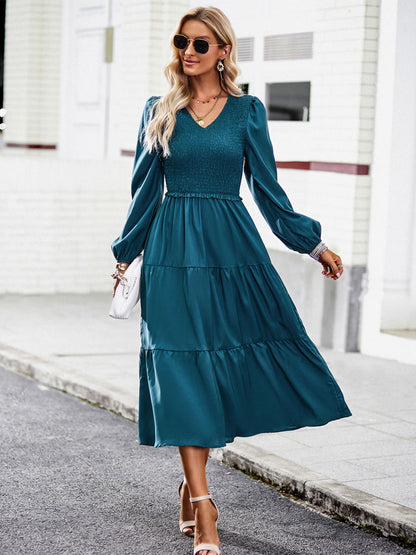 Midi Dresses V-Neck Long Sleeves Pleated Layered Chic Fit And Flare Dress