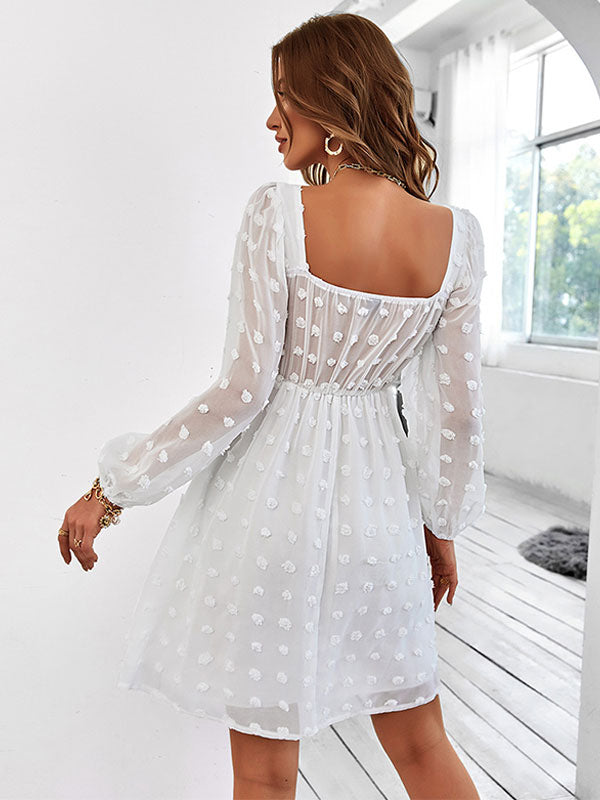 Mini Dresses White Long Sleeves Pleated Short Dress