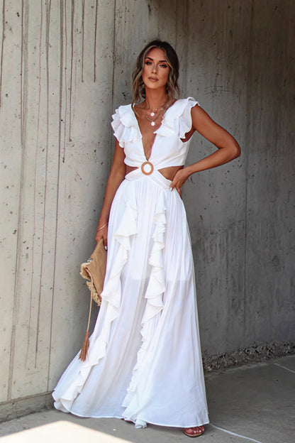 Ruffle Strap Plunge V-Neck Waist Cutout Ring Detail Cascading Ruffle Maxi Dress