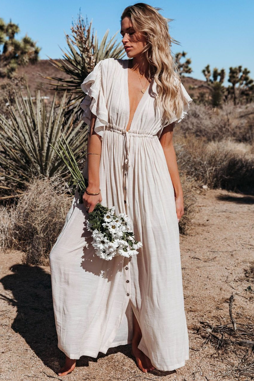 Deep V-Neck Flutter Sleeve Button Front Drawstring Waist Maxi Dress