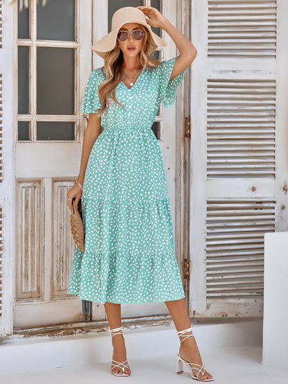 CHARLIE SHORT SLEEVE SPOT MIDI DRESS - GREEN