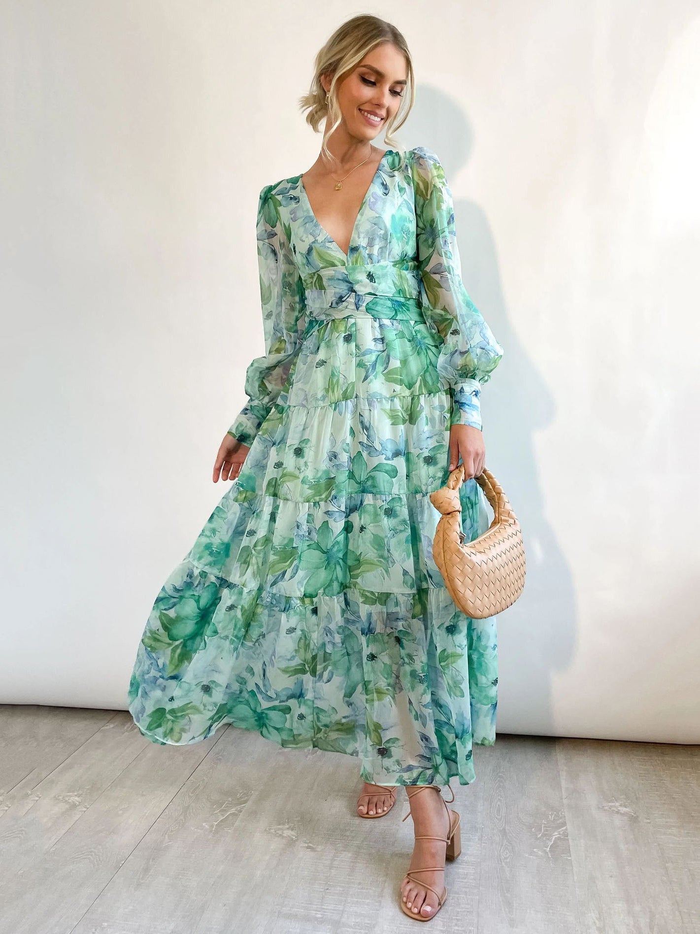 Maxi Dress V-Neck Long Sleeves Bohemian Floral Print Layered Pleated Long Dress