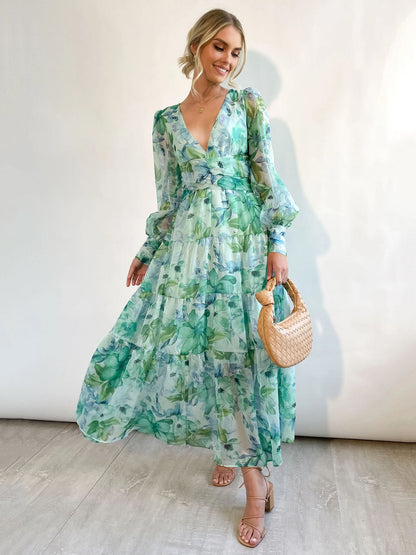 Maxi Dress V-Neck Long Sleeves Bohemian Floral Print Layered Pleated Long Dress