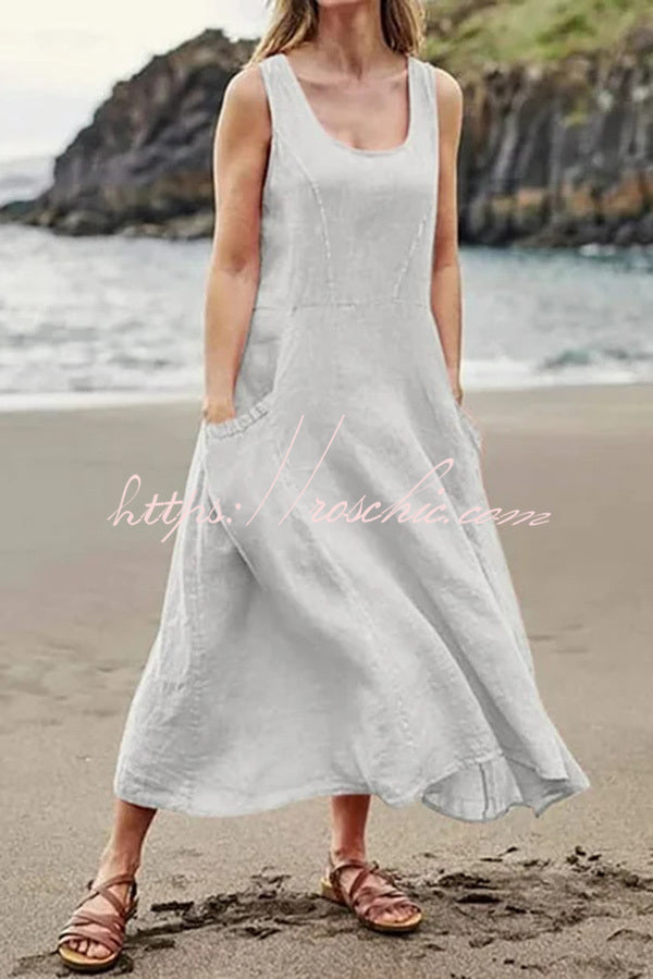 Solid Sleeveless Pocket Loose Comfort Midi Dress