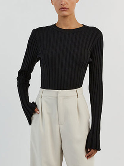 Solid Ribbed Crew Neck Long Sleeve Knit
