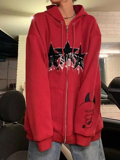 American Style Star Embroidery Fleece Oversized Hoodie