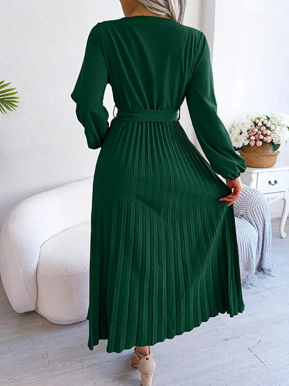 Wrap V-Neck Bishop Sleeve Belted Accordion Pleat Maxi Dress