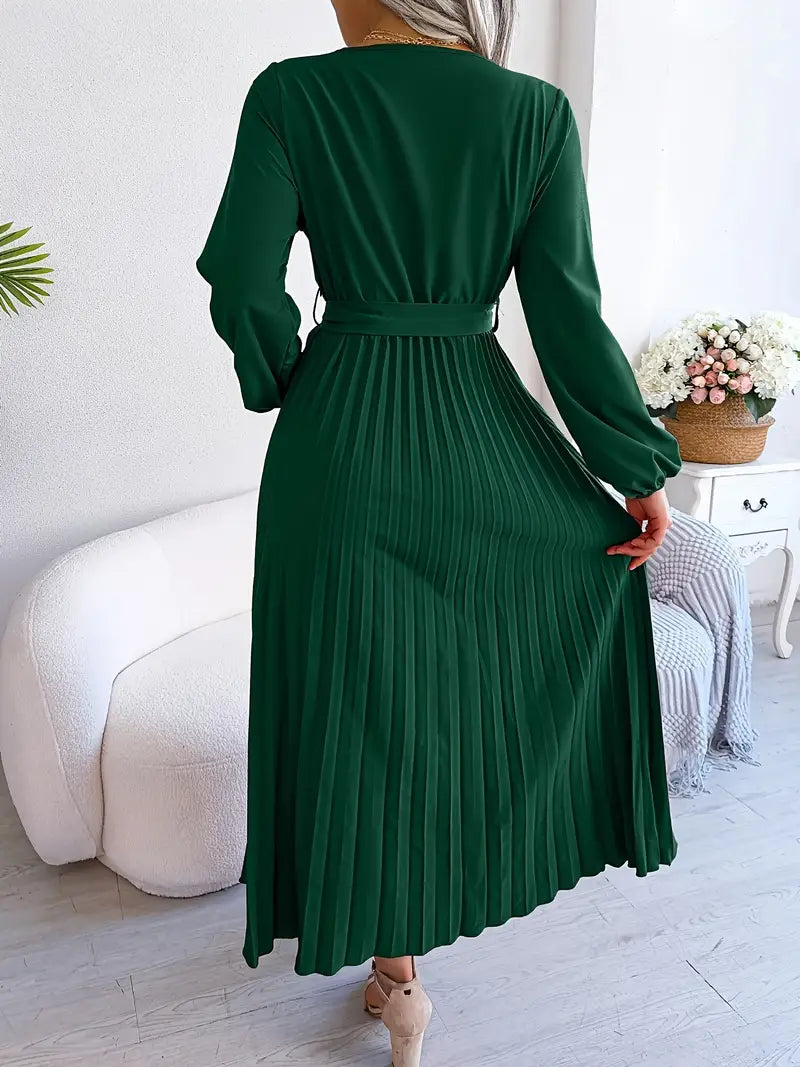 Bishop Sleeve Accordion-Pleated Wrap V-Neck Belted Maxi Dress