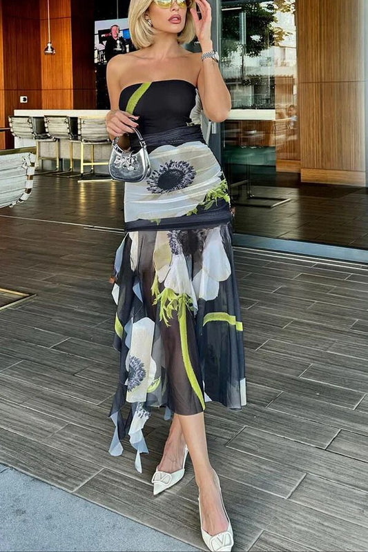 Raquel Mesh Overlay Floral Print Off Shoulder Ruched Ruffles Stretch Midi Dress
