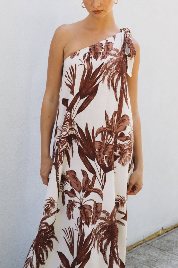 Botanical Print Sleeveless One-shoulder Casual Vacation Maxi Dress