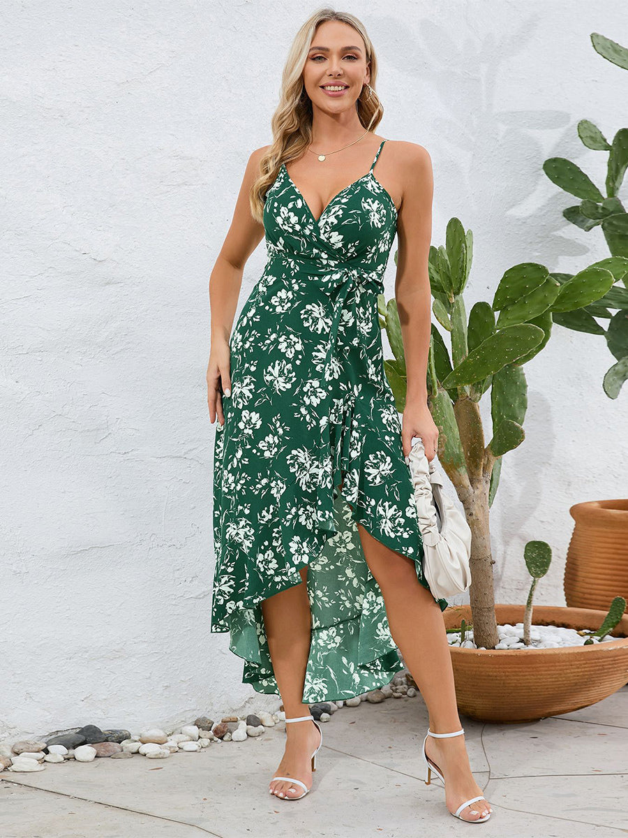 Printed Dress V-Neck Spaghetti Straps Faxu Wrap Belted Summer Midi Dresses