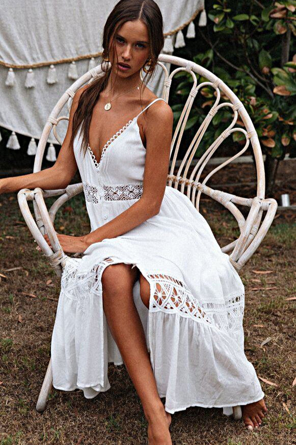 Scalloped Lace Trim Button Front Crochet Inset Tiered Maxi Dress