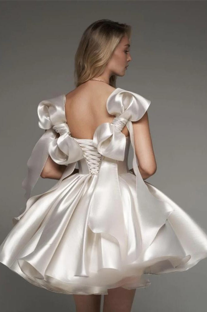 Strapless Puff Shoulder Ruffle Satin Pleated Cupcake Mini Dress