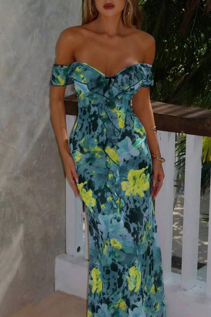 | Strapless Ruffled Print Bodycon Maxi Dress