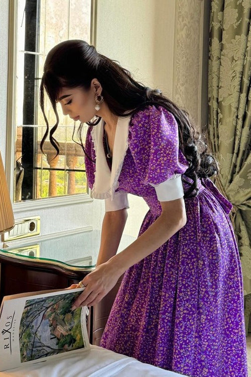 Ditsy Floral Peter Pan Collar Puff Sleeve Tie Waist Maxi Dress