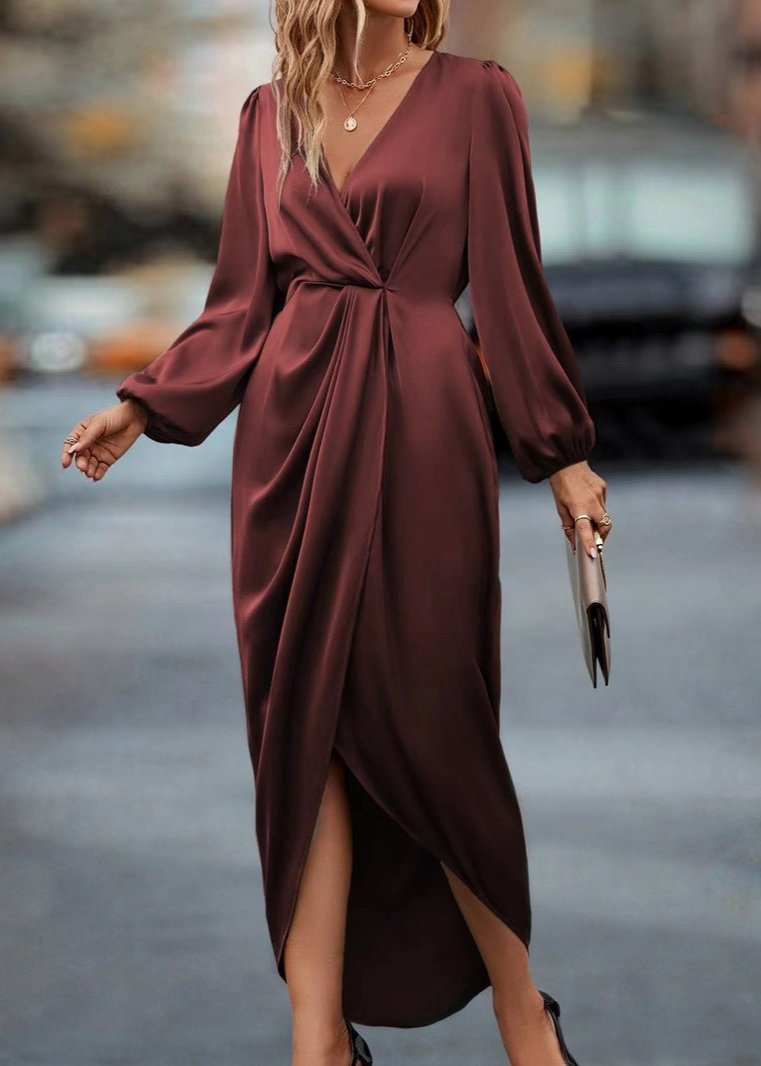 Wrap V-Neck Bishop Sleeve Twist-Waist Draped Midi Dress