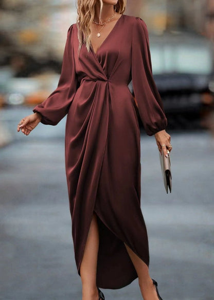 Wrap V-Neck Bishop Sleeve Twist-Waist Draped Midi Dress