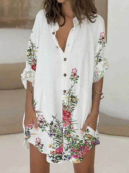 Long Sleeves Loose Buttoned Flower Print Lapel Mini Dresses Shirt Dress