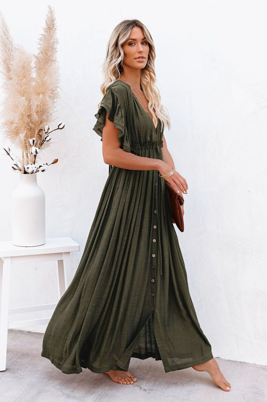 Deep V-Neck Flutter Sleeve Button Front Drawstring Waist Maxi Dress