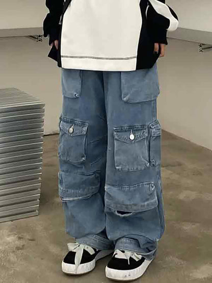 Multiple Pocket Washed Cargo Cargo Jeans