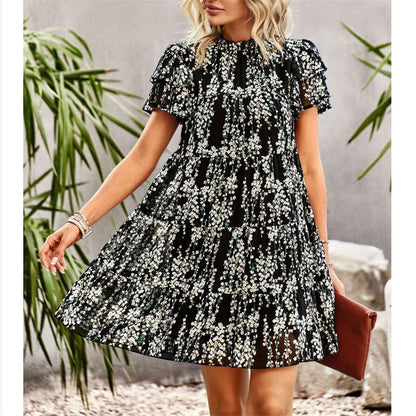 Bohemian Print Mini Dress with Round Neck for Women