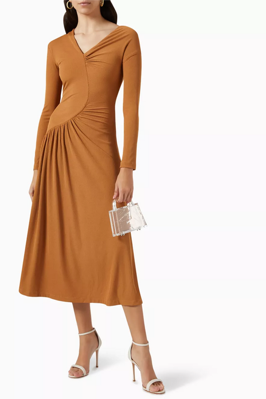 Jersey Solid Ruched Long Sleeve Midi Dress Khaki