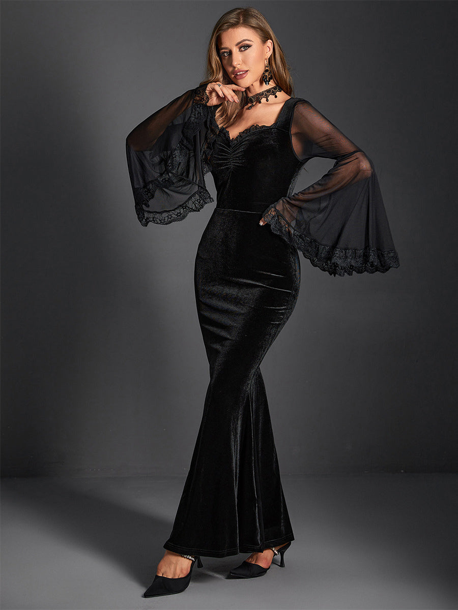Velvet Dress Sweetheart Neck Bell Sleeves Gathered Front Prom Maxi Dresses