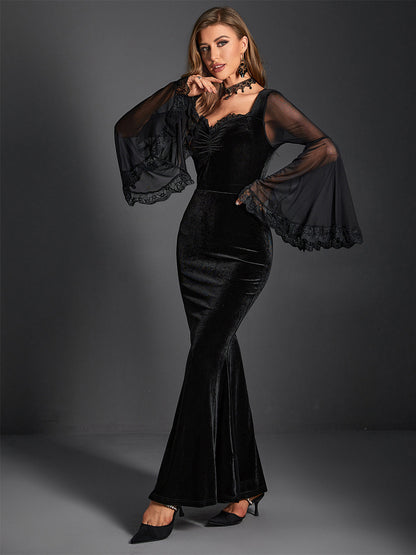 Velvet Dress Sweetheart Neck Bell Sleeves Gathered Front Prom Maxi Dresses