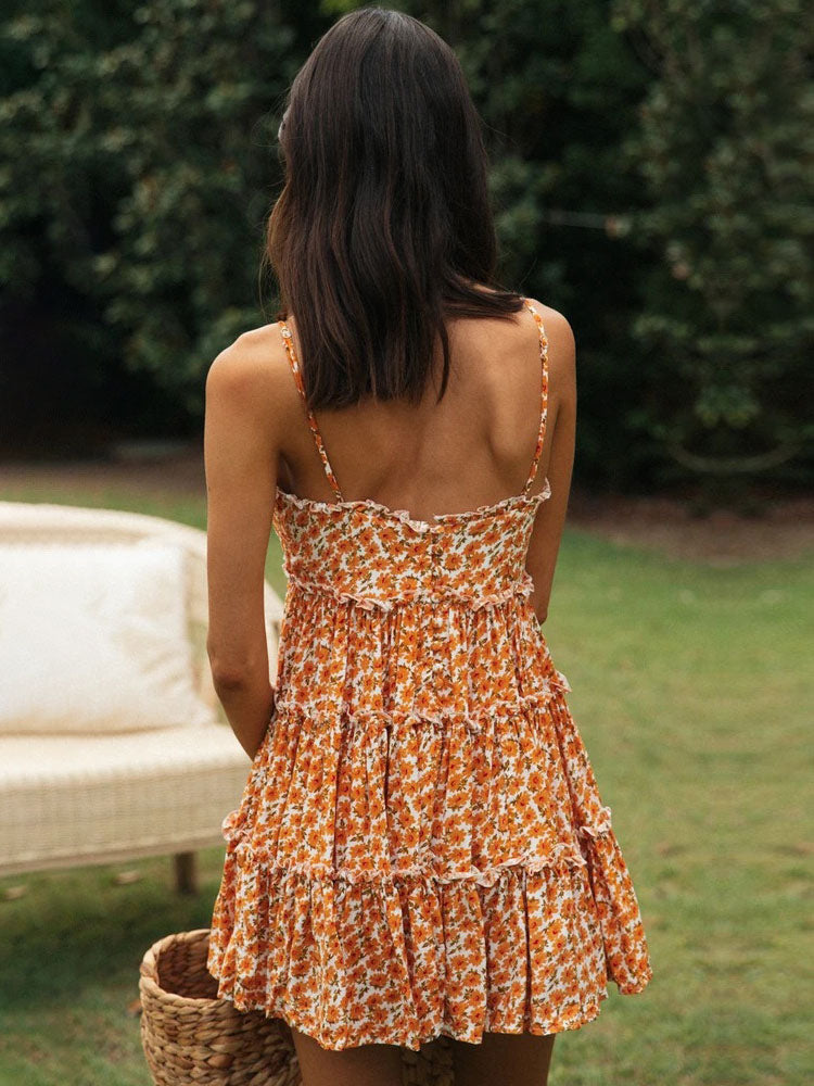 Mini Dresses Yellow Floral Print Sleeveless Short Dress
