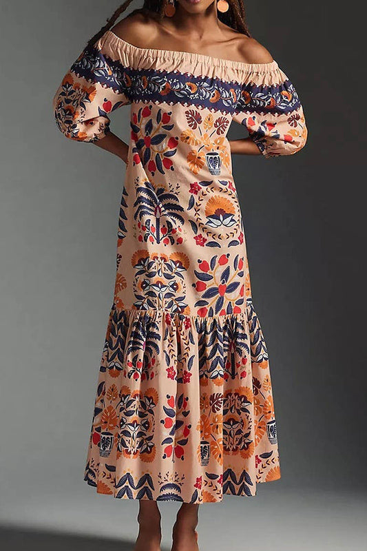 Island Lover Printed Off The Shoulder Pocketed Flowy Midi Dress