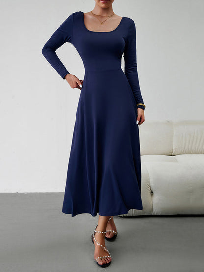 A-Line High Waisted Solid Color Tied Waist U-Neck Midi Dresses